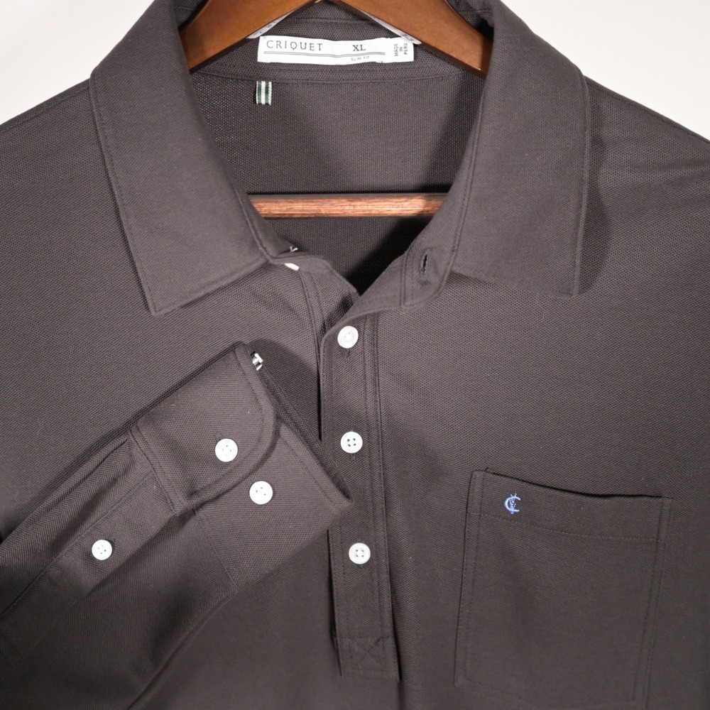 Criquet Mens XL Slim Fit $148. Long Sleeve Polo Gray Pima Cotton Quiet Luxury